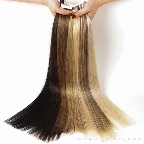 Extensión de cinta de cabello ruso Cabello humano al por mayor de la cutícula recta alineada cinta virgen en extensiones de cabello vendedores remy